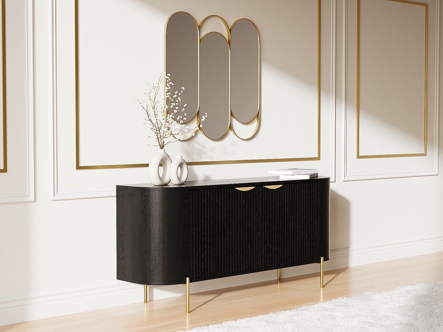 Sideboard mit 2 Türen - Mangoholz & goldfarbenes Metall - Schwarz - NEVILI günstig online kaufen