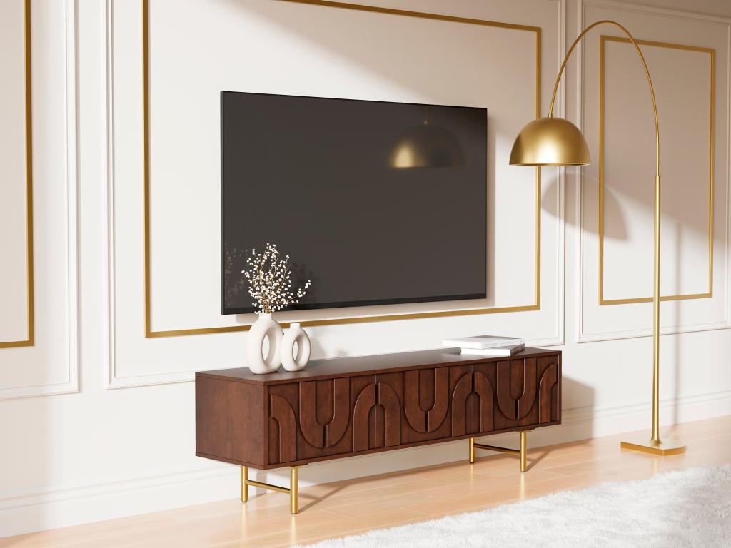 Meuble TV avec 3 portes en bois de manguier et métal doré - Naturel foncé - MIZORAM de Maison Céphy