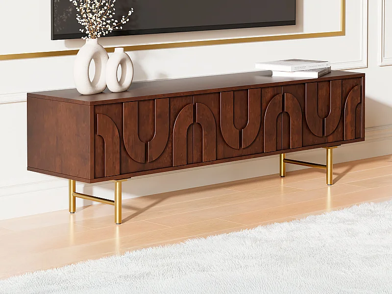 Móvel de TV com 3 portas em madeira de mangueira e metal dourado, natural escuro - MIZORAM de Maison Céphy