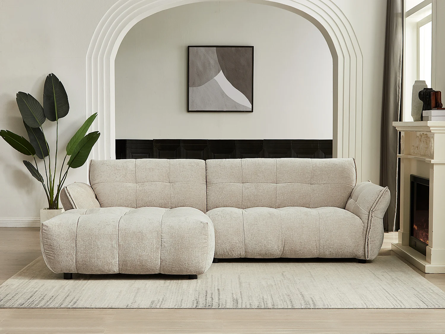 Canapé d'angle gauche en tissu chiné beige NAPIZO