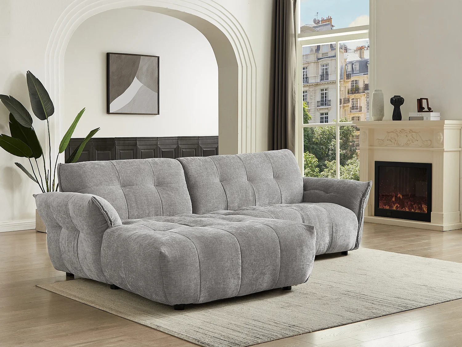 Ecksofa - Ecke Links - melierter Stoff - Grau - NAPIZO