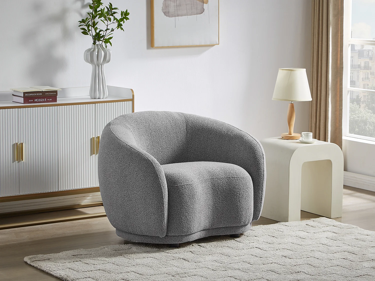 Fauteuil en tissu bouclette gris BOVANA de Pascal Morabito