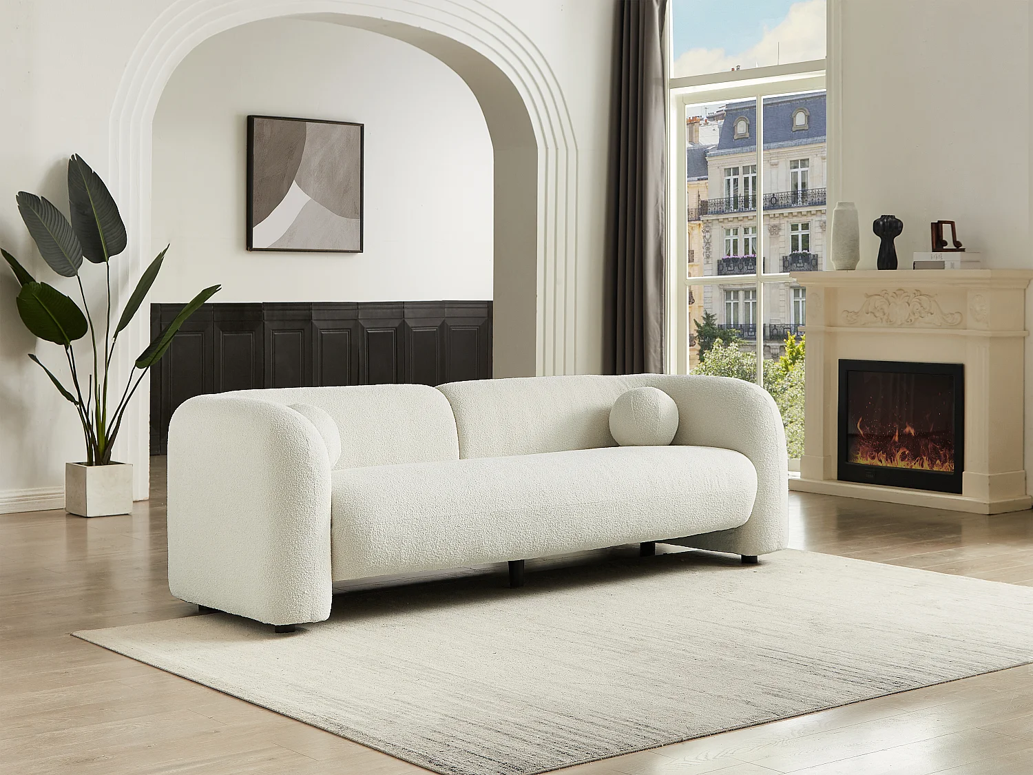 Canapé 3 places en tissu bouclette blanc ivoire OVOTAS