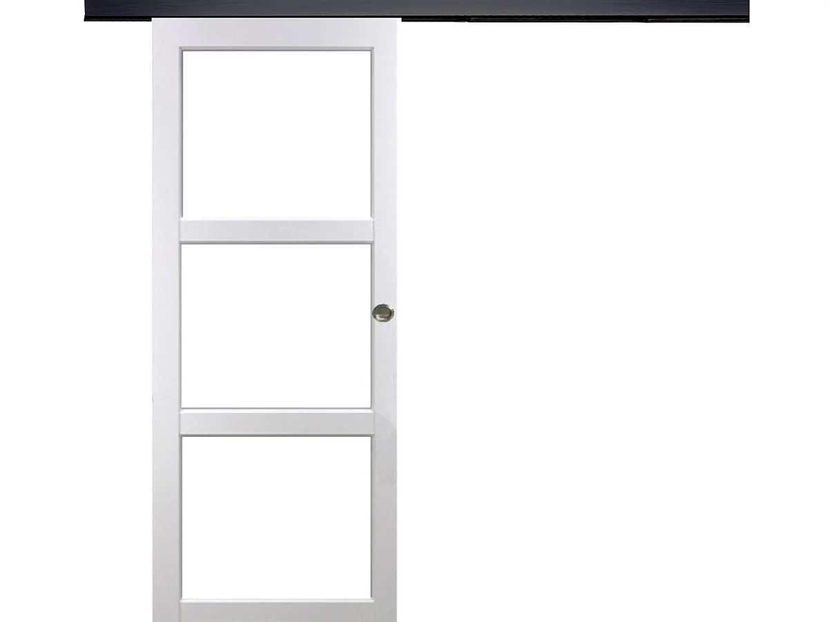 Porte Coulissante Kenya Blanc Vitrage Transparent H204 X L73 + Rail Alu Bandeau Noir Et Coquilles Gd Menuiseries