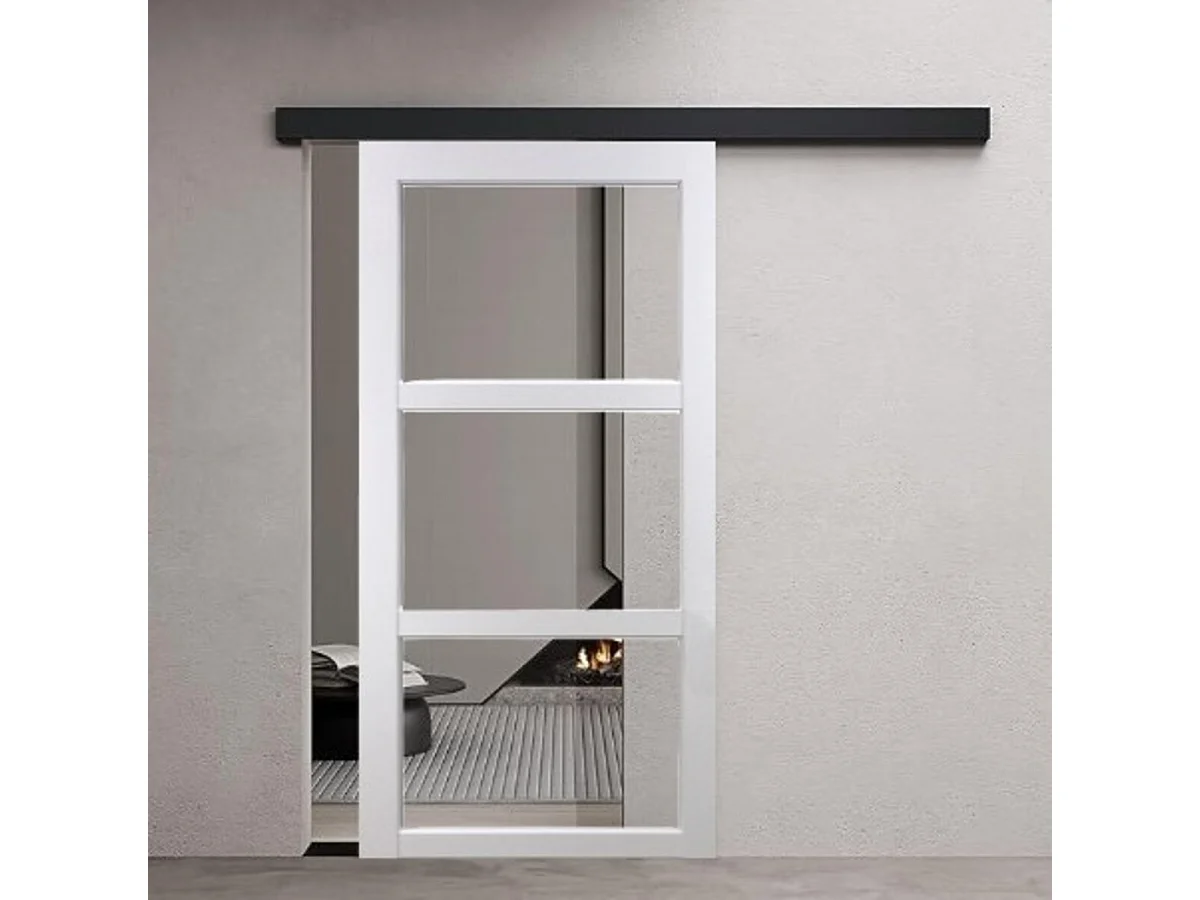 Porte Coulissante Kenya Blanc Vitrage Transparent H204 X L73 + Rail Alu Bandeau Noir Et Coquilles Gd Menuiseries