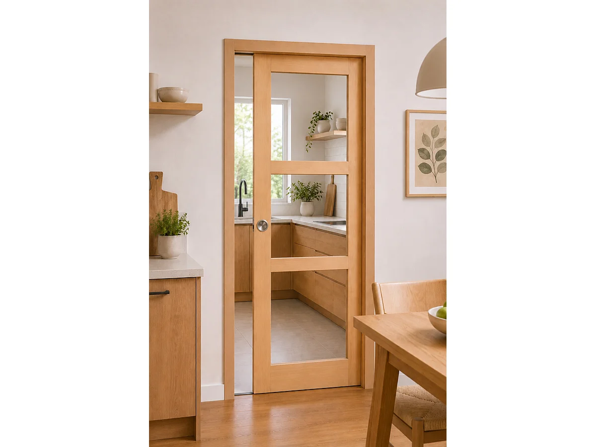Porte Coulissante Bois Ayous Vitrage Transparent H204 X L73 Cm, à Galandage, Kit Finition Gd Menuiseries