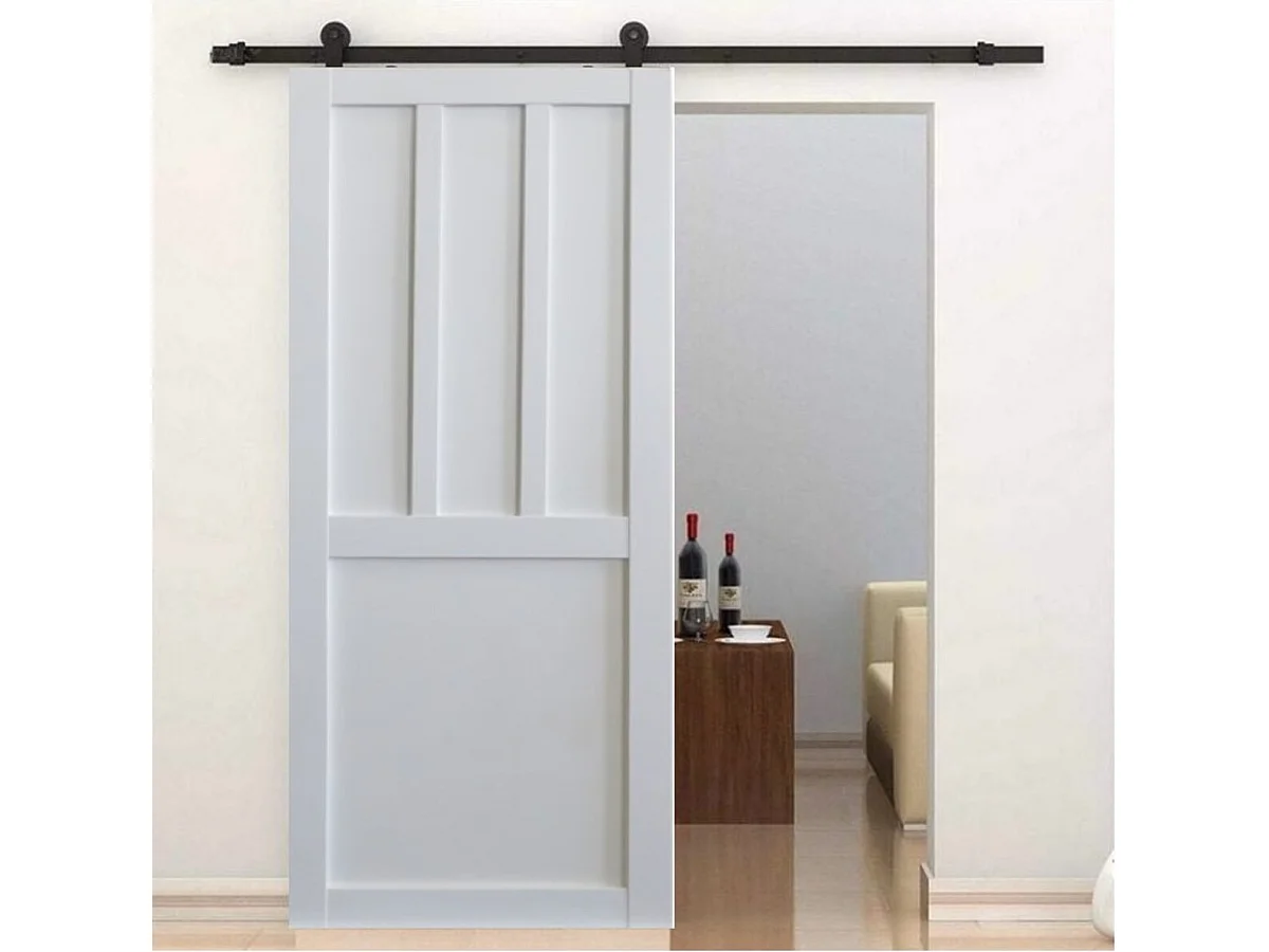 Porte Coulissante Atelier 2 Panneaux Blanc H204 X L83 + Rail A  Roulettes Et Coquilles Noir Gd Menuiseries