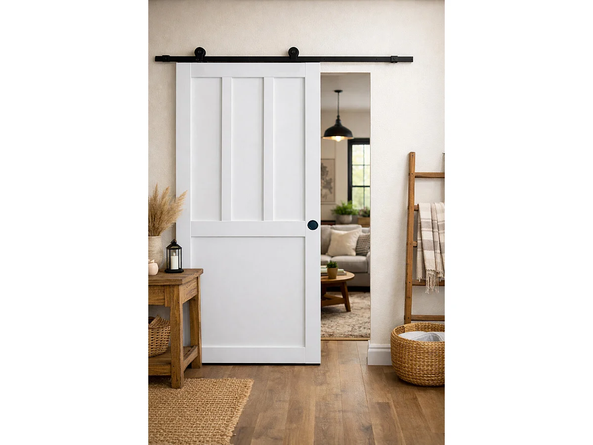 Porte Coulissante Atelier 2 Panneaux Blanc H204 X L83 Cm, Rail Roulettes, Coquilles Noir Gd Menuiseries