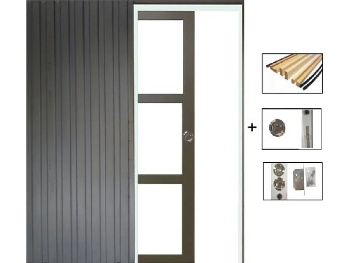 Porte Coulissante Marron Ral7006 Vitrage transparent H204 x L73 + SYSTEME Galandage et Kit de finitions inclus