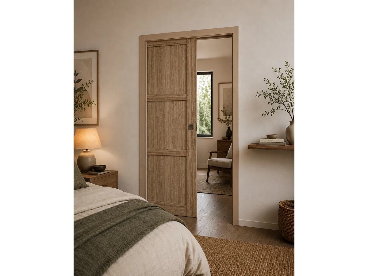 Porte Coulissante Bois Frake 3 Panneaux H204 X L73 Cm, Galandage, Kit De Finition Gd Menuiseries
