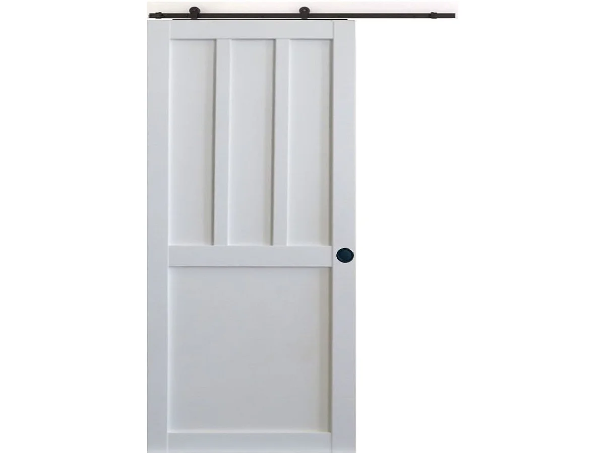 Porte Coulissante Atelier 2 Panneaux Blanc H204 X L73 + Rail A  Roulettes Et Coquilles Noir Gd Menuiseries