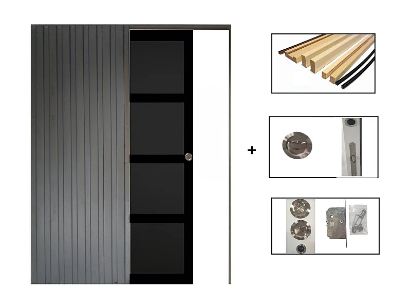 Porte Coulissante Telia Noir 4 Panneaux H204 X L83 + Systeme De Galandage Et Kit Finition Inclus Gd Menuiseries