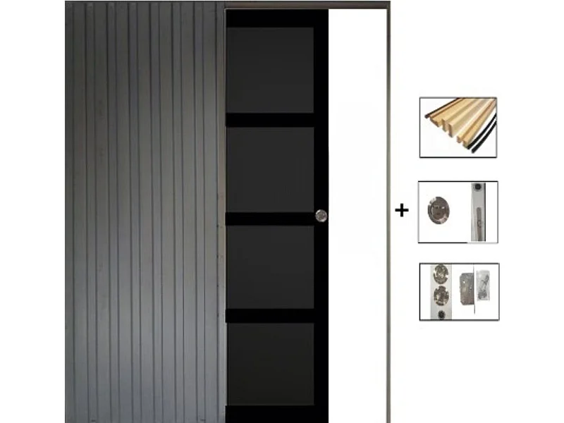 Porte Coulissante Telia Noir 4 Panneaux H204 X L83 + Systeme De Galandage Et Kit Finition Inclus Gd Menuiseries