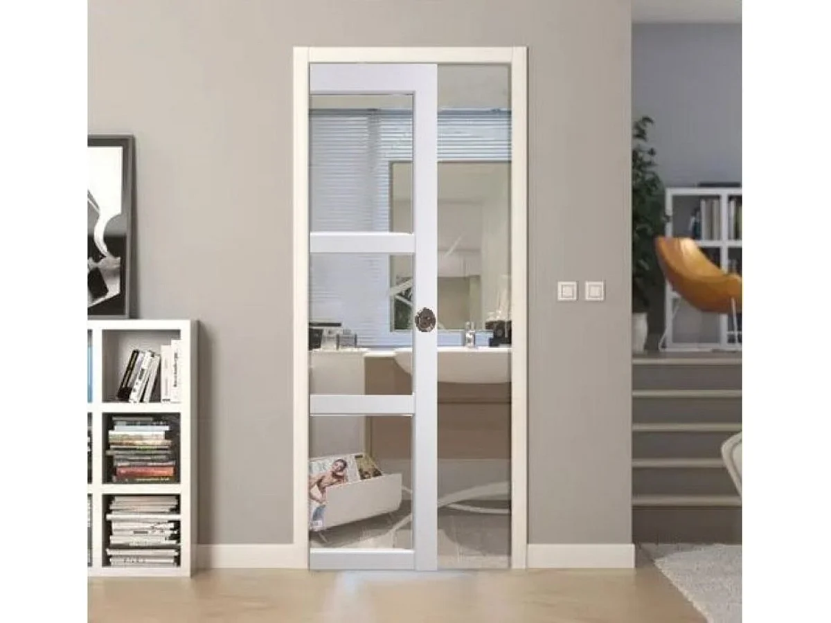 Porte Coulissante Kenya Blanc Vitrage Transparent H204 X L83 + Systeme Galandage Et Kit Finition Inclus Gd Menuiseries