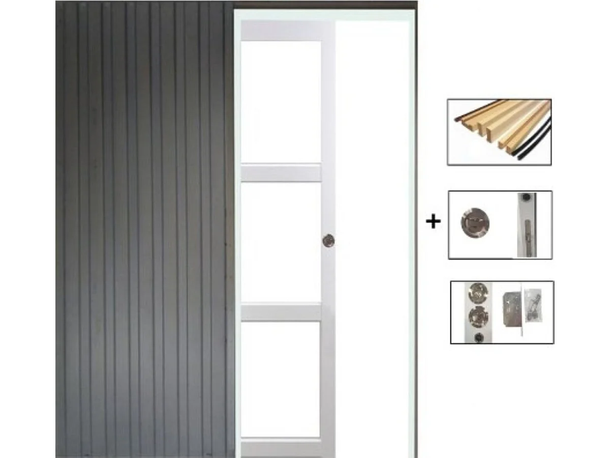 Puerta corredera Kenya blanca con acristalamiento transparente H204 x L83 cm, empotrada, kit de acabado para GD MENUISERIES sin manilla