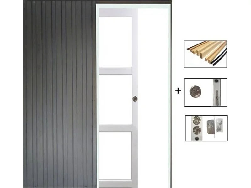 Porte Coulissante Kenya Blanc Vitrage Transparent H204 X L73 + Systeme Galandage Et Kit Finition Inclus Gd Menuiseries