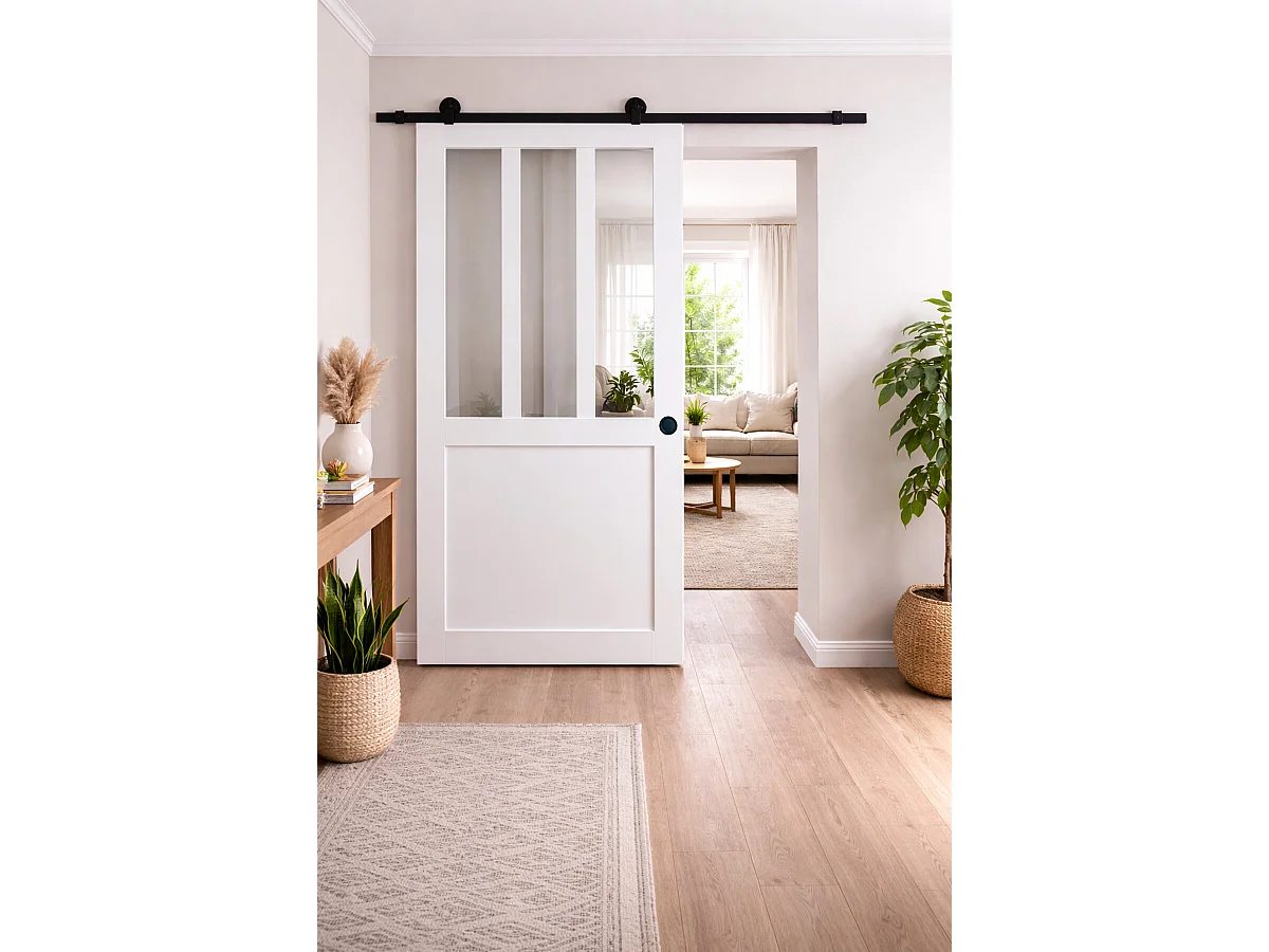 Puerta corredera de taller blanca H204 x L93 + carril con ruedas y 2 carcasas negras