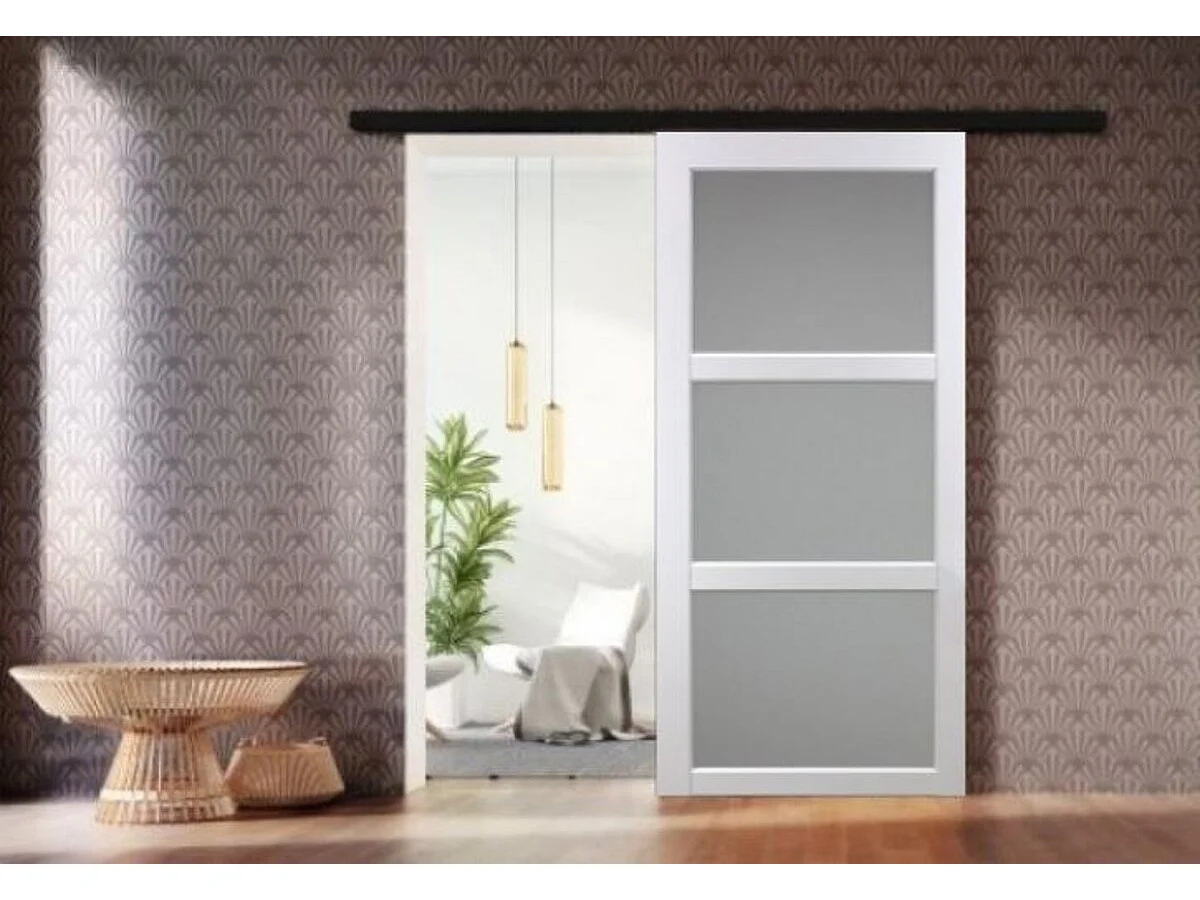 Porte Coulissante Kenya Blanc Vitree H204 X L83 + Rail Alu Bandeau Noir Et Coquilles Noir Gd Menuiseries