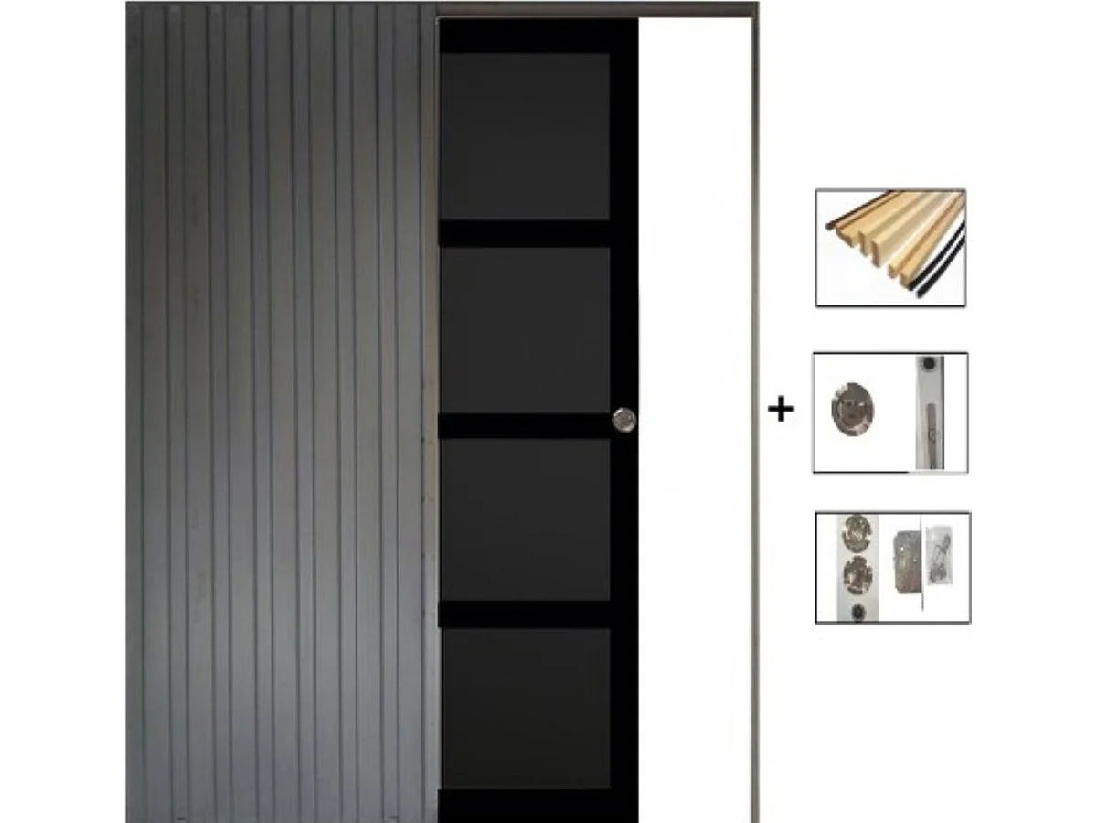 Puerta corredera Telia negra de 4 paneles H204 x L73 cm, empotrada, kit de acabado Gd Menuiseries