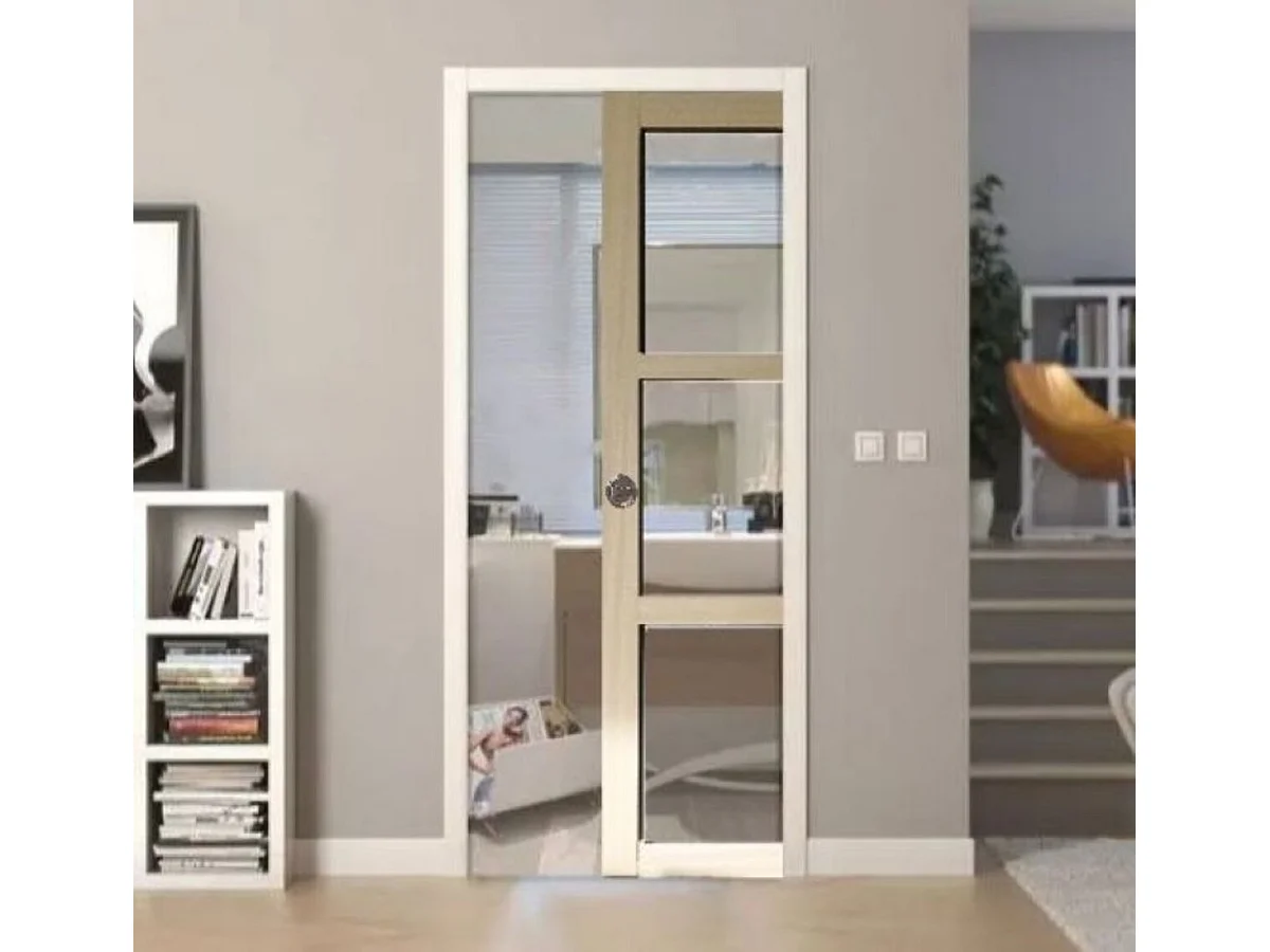 Porte Coulissante Bois Ayous Vitrage Transparent H204 X L83 + Systeme A Galandage Et Kit  Finition Inclus Gd Menuiseries