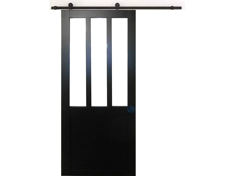 Porte Coulissante Atelier Noir H204 X L93 + Rail A  Roulettes Et Coquilles Noir Gd Menuiseries