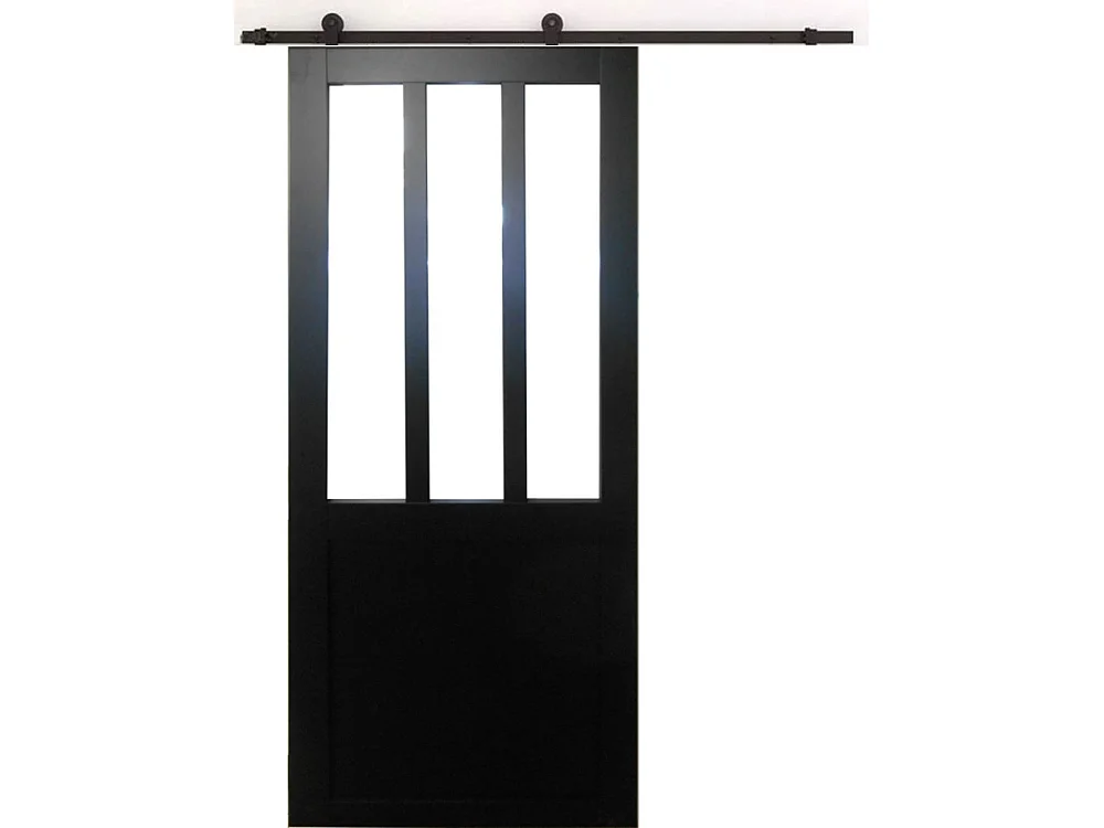 Porte Coulissante Atelier Noir H204 X L93 + Rail A  Roulettes Et Coquilles Noir Gd Menuiseries
