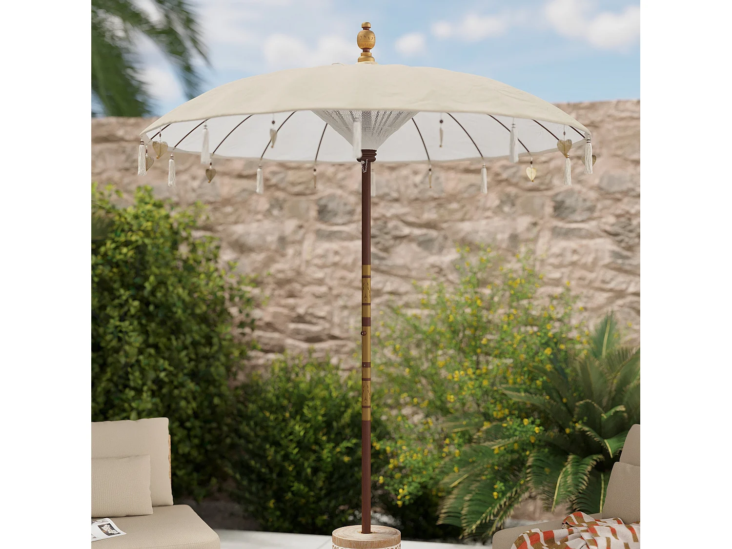 Parasol en bois de cocotier et tissu crème - Ali