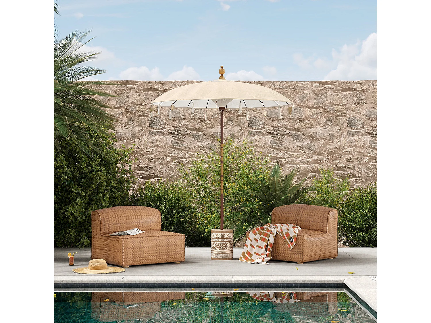 Parasol en bois de cocotier et tissu crème - Ali