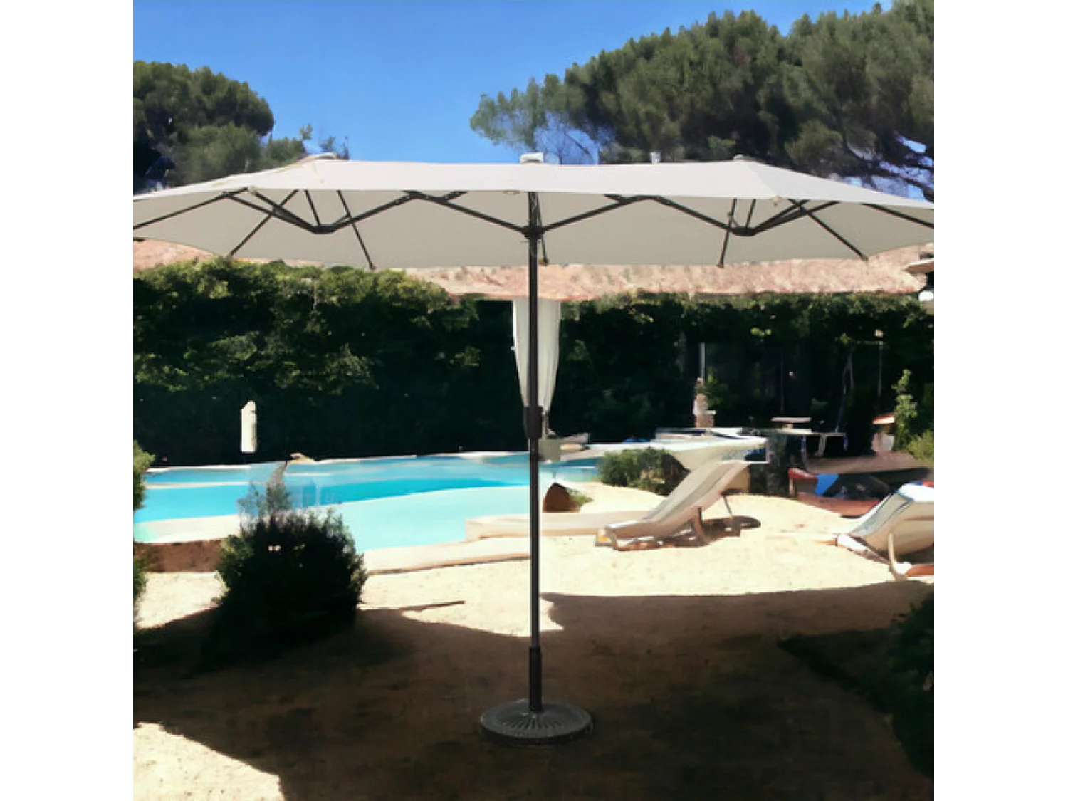 Parasol dubbel 2x4m ecru SIENA - Grote ovale waterdichte polyester parasol met zwengel, ideaal voor tuin of terras