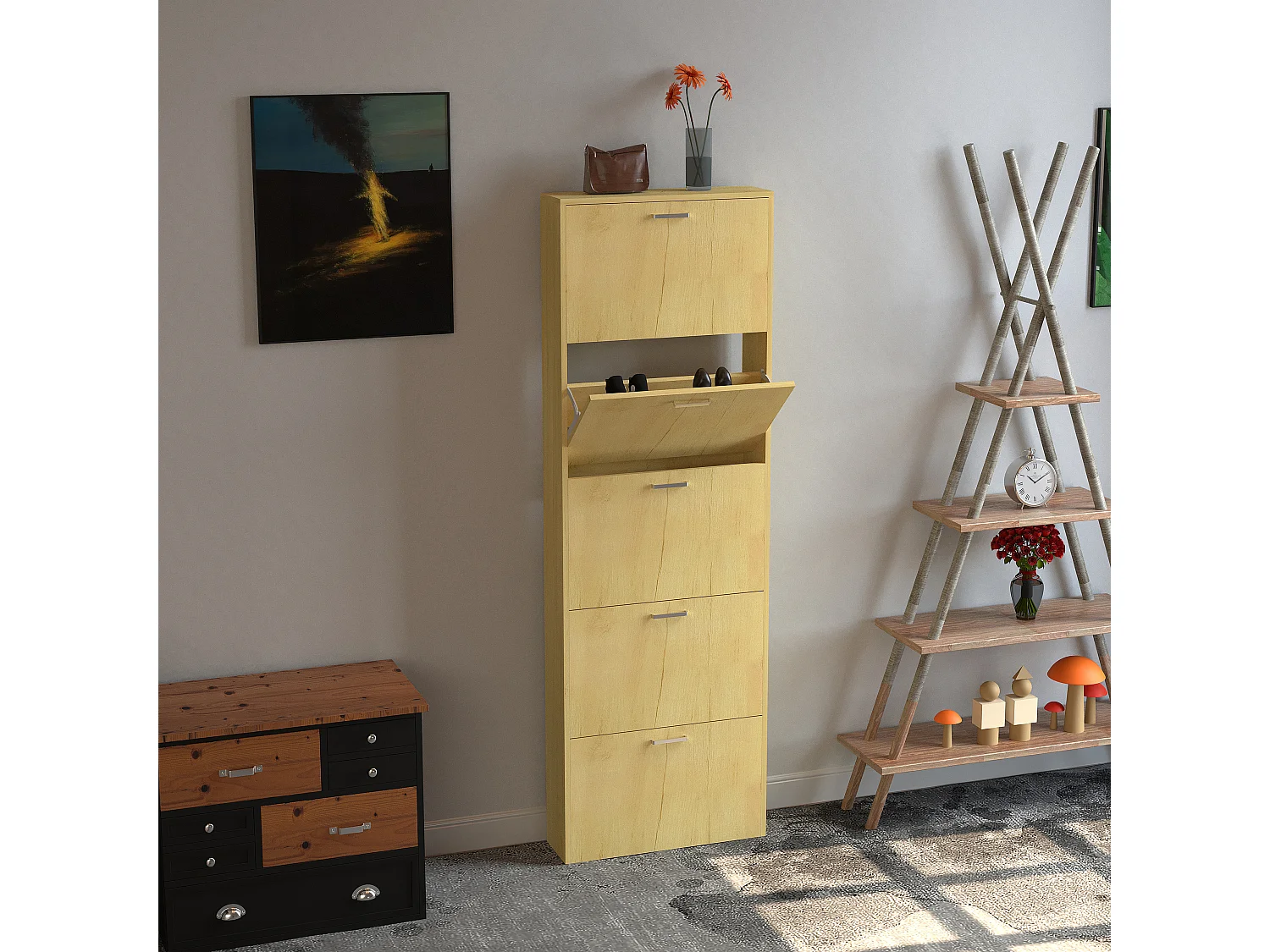 Shoe cabinet Sulos Honey oak H. 179 x W. 59 x D. 17 cm