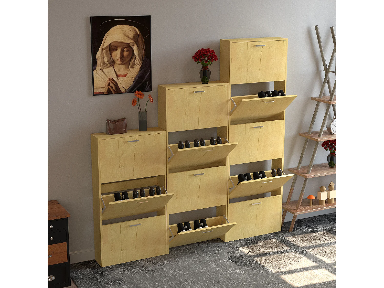 Shoe cabinet Sulos Honey oak H. 179 x W. 59 x D. 17 cm