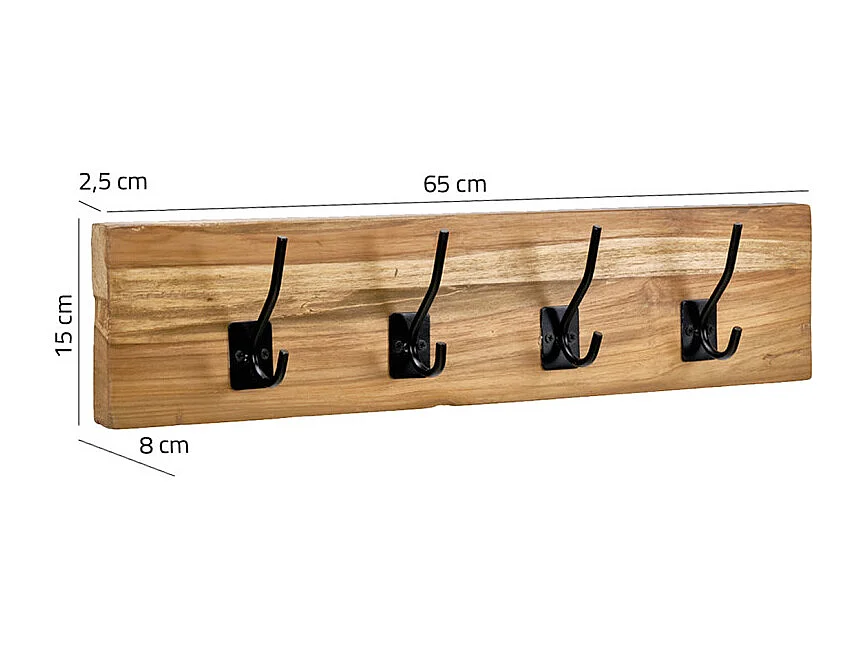Patère / Porte-manteau mural bois de teck 8 accroches en métal - KOVU