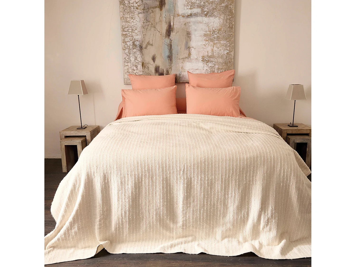 Dessus de lit 230x250 cm coton et lin mélangés ETRETAT écru naturel