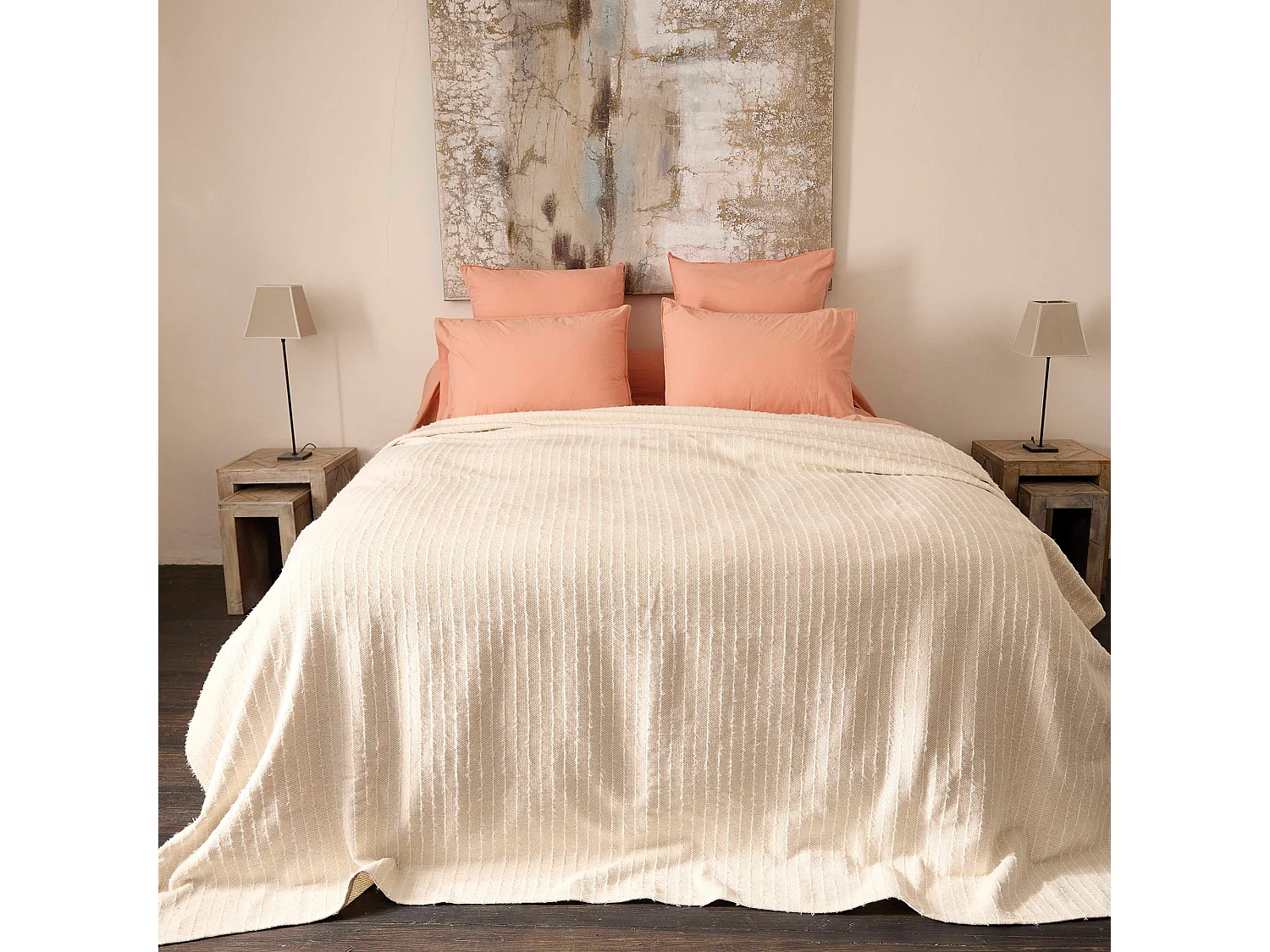 Dessus de lit 180x250 cm coton et lin mélangés ETRETAT écru naturel