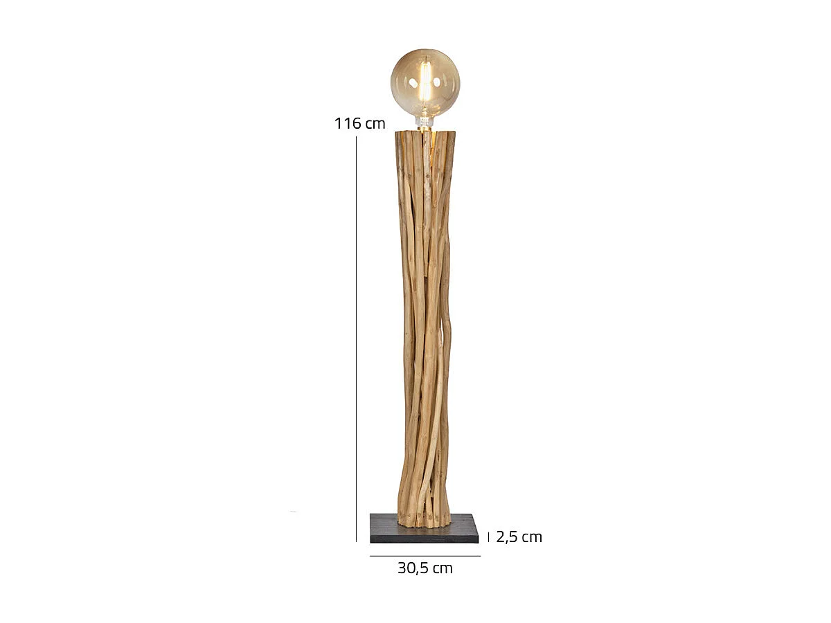 Lampadaire H. 116 cm branches en bois de teck et socle noir - BANZAÏ