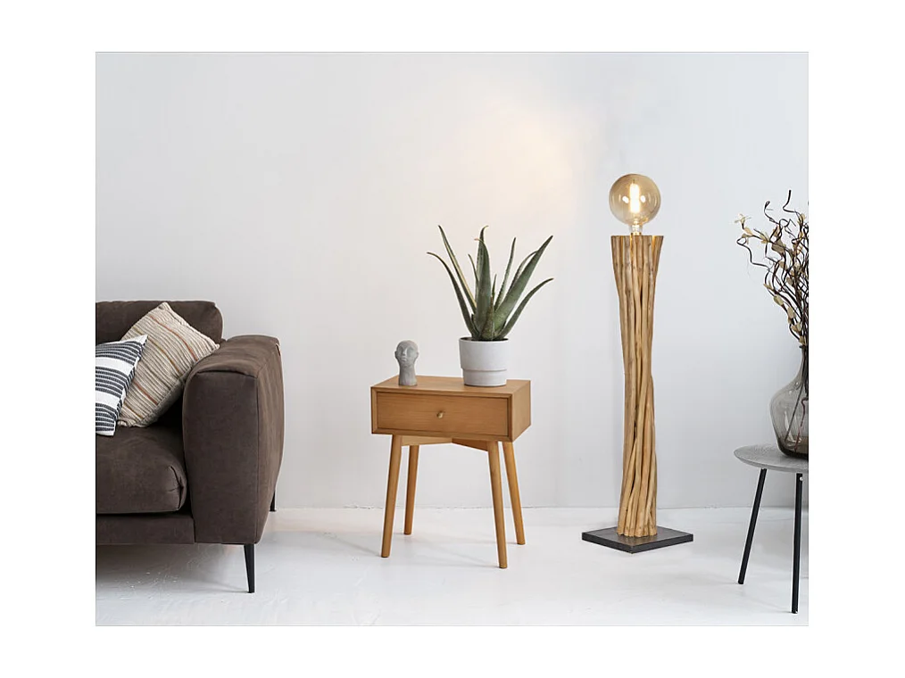 Lampadaire H. 116 cm branches en bois de teck et socle noir - BANZAÏ