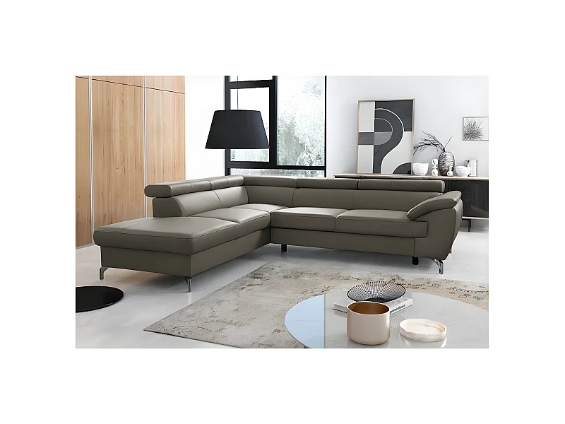 Canapé d'angle convertible en cuir italien de luxe 5/6 places FINLANDE avec coffre, taupe, angle gauche