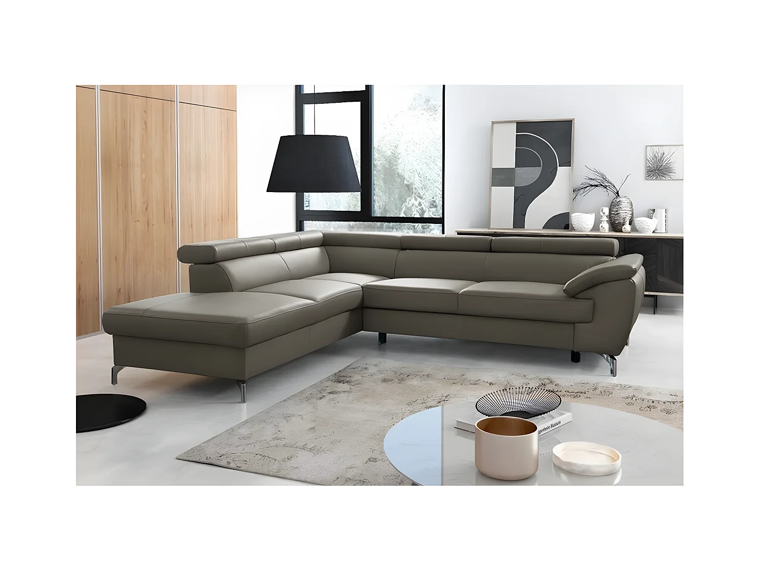 Canapé d'angle convertible en cuir italien de luxe 5/6 places FINLANDE avec coffre, taupe, angle gauche