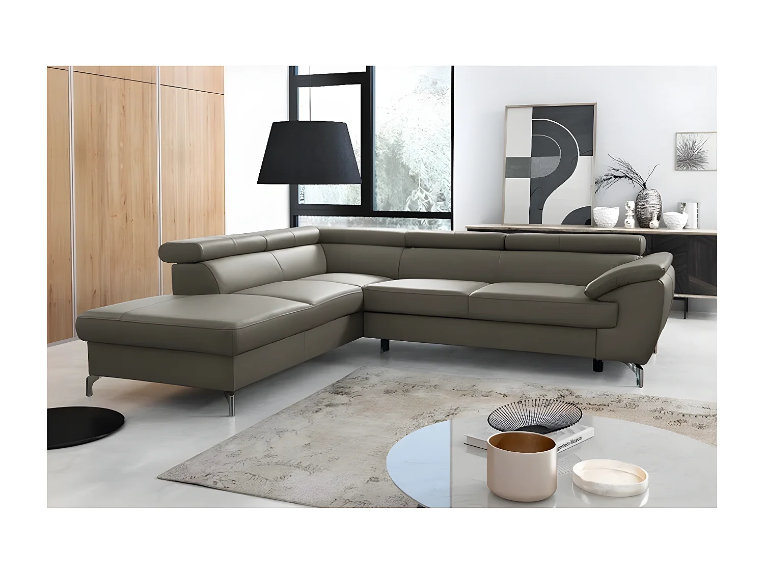 Canapé d'angle convertible en cuir italien de luxe 5/6 places FINLANDE avec coffre, taupe, angle gauche