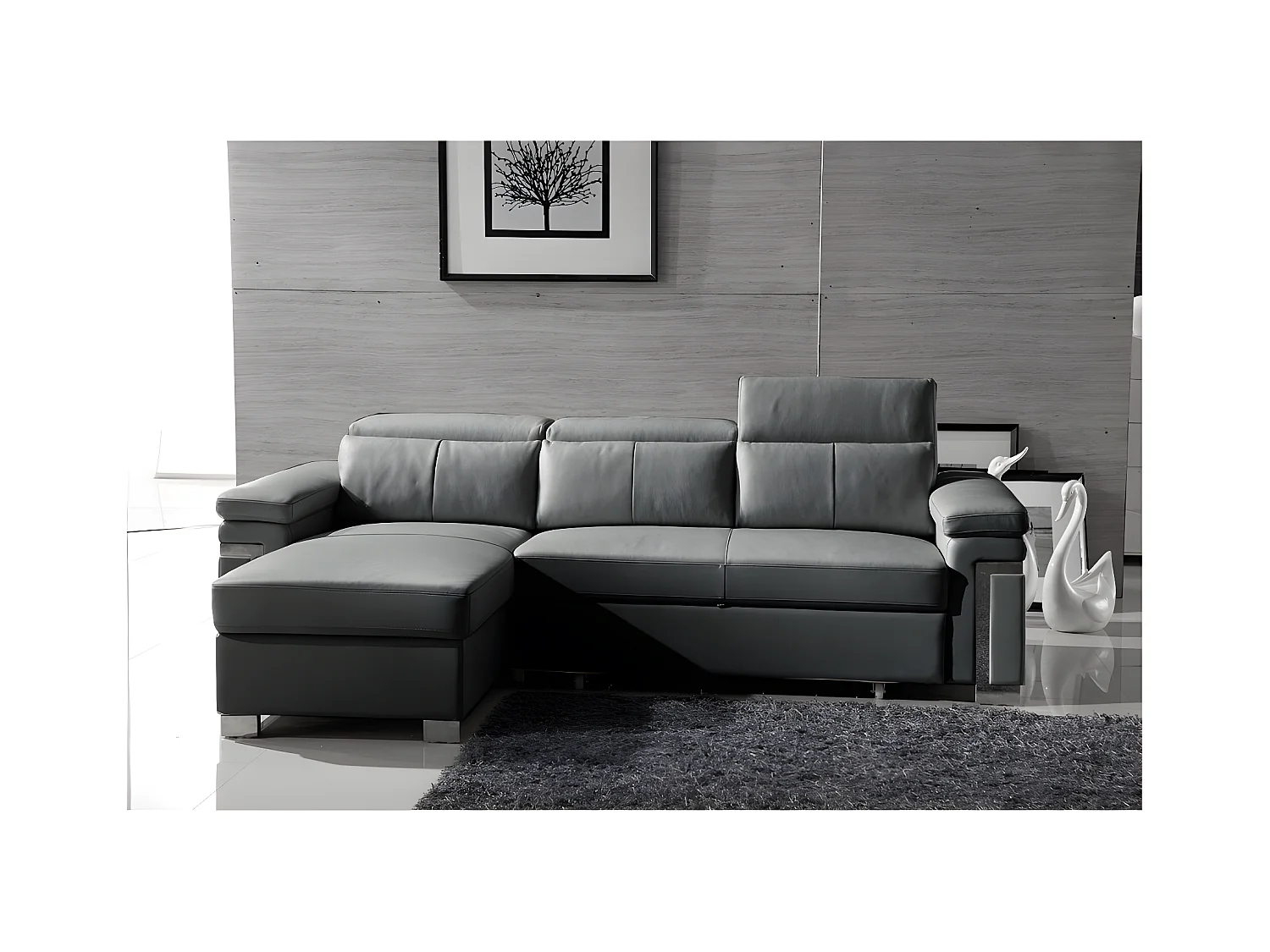 Canapé d'angle convertible en cuir buffle italien 5 places, ALLURE,  gris foncé, angle gauche