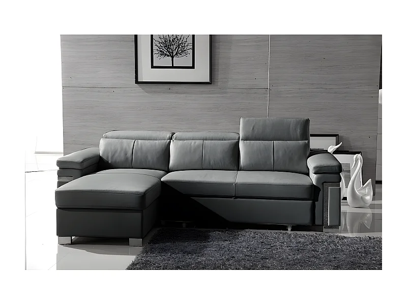 Canapé d'angle convertible en cuir buffle italien 5 places, ALLURE,  gris foncé, angle gauche