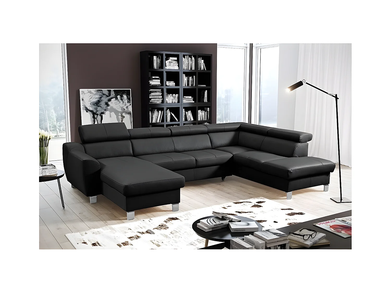 Canapé d'angle convertible en cuir italien de luxe 7/8 places ASTON, noir, angle droit et méridienne à gauche