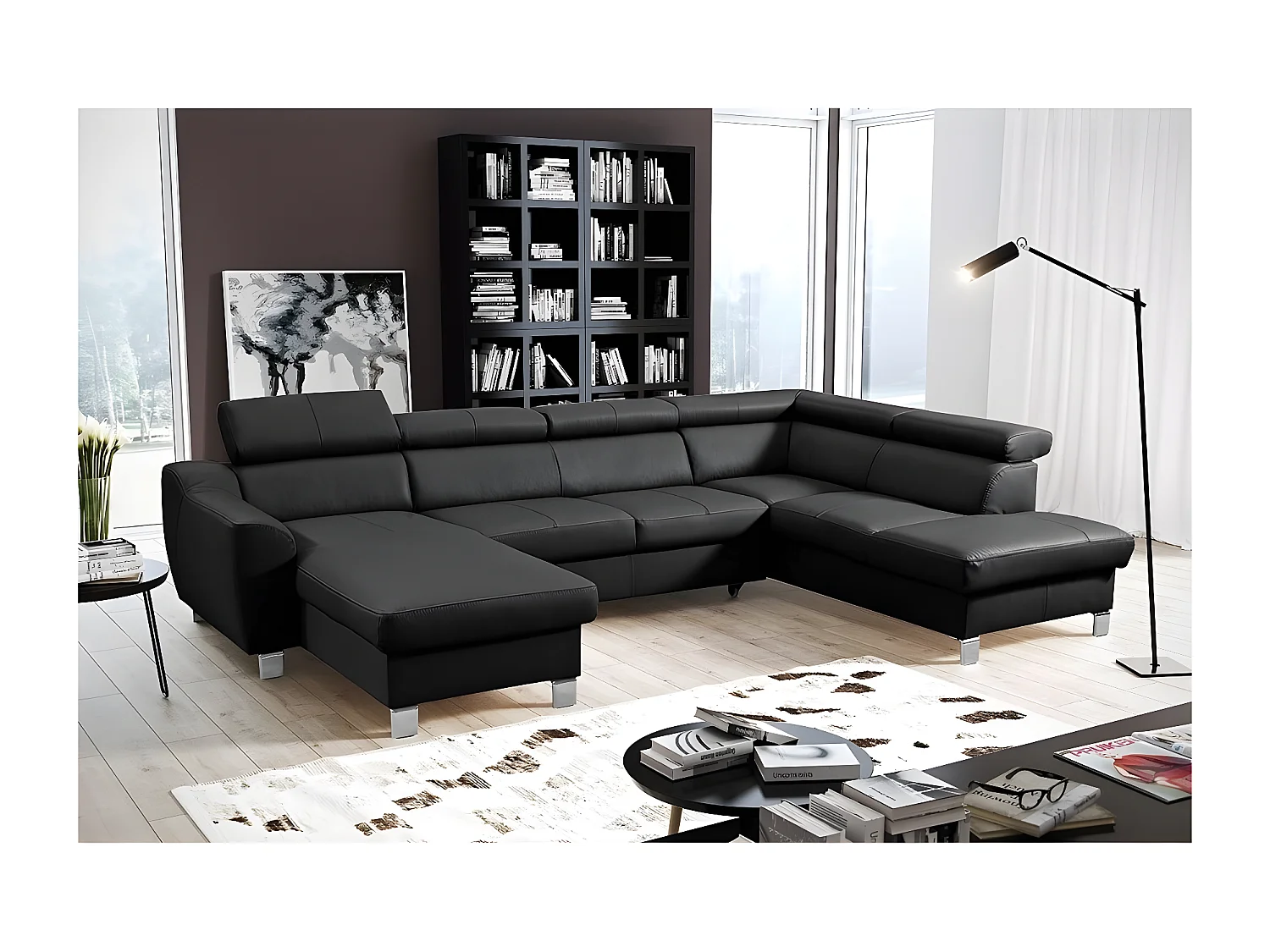 Hoekbank van luxe Italiaans leer ASTON, zwart, 7/8 zitplaatsen met een linker chaise longue en een rechte hoek, om te bouwen tot bed