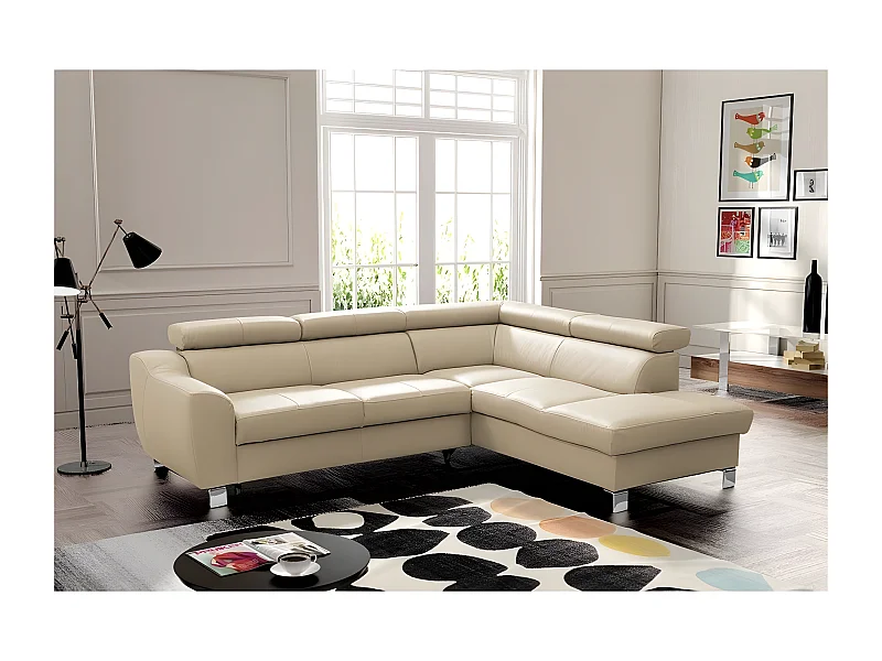 Canapé d'angle convertible en cuir italien de luxe 5 places ASTRID, beige, angle droit