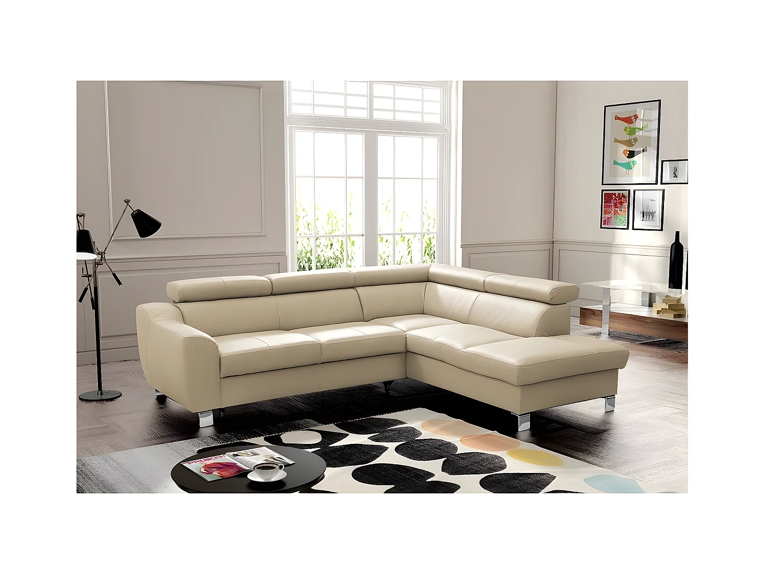 Canapé d'angle convertible en cuir italien de luxe 5 places ASTRID, beige, angle droit