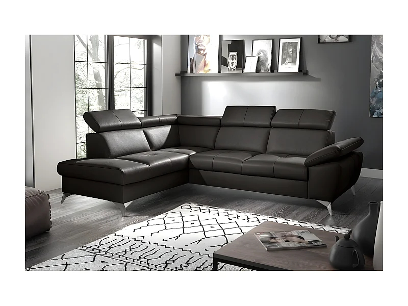 Canapé d'angle convertible en cuir italien de luxe 5 places MILOS, avec coffre, noir, angle gauche (vu de  face)