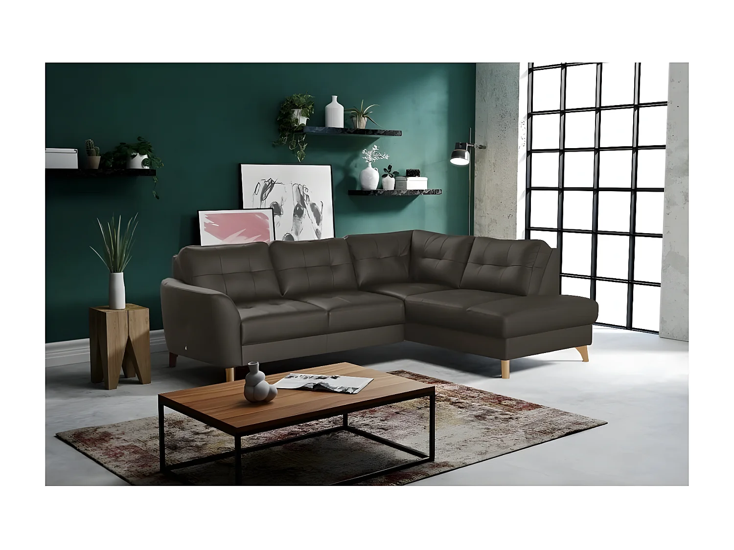 Canapé d'angle convertible en cuir italien de luxe 5 places NORIA avec coffre, chocolat, angle droit