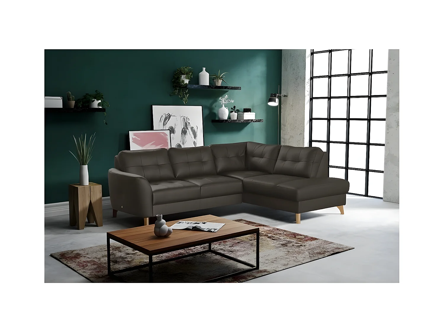 Canapé d'angle convertible en cuir italien de luxe 5 places NORIA avec coffre, chocolat, angle droit
