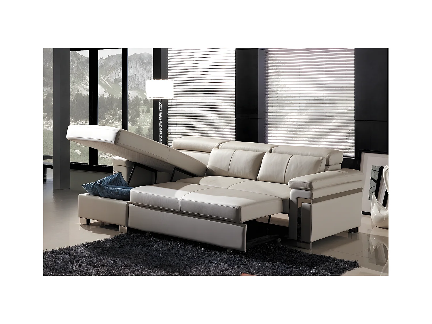 Canapé d'angle convertible - en cuir buffle italien 5 places, ALLURE,  beige, angle gauche