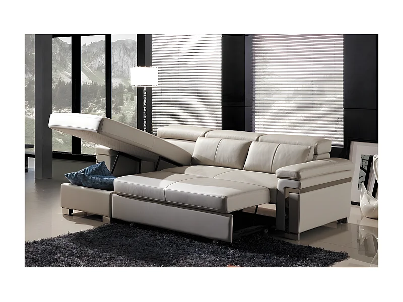 Hoekbank van Italiaans buffelleer, omvormbaar tot bed, 5 plaatsen ALLURE beige met opbergruimte - Linkerhoek